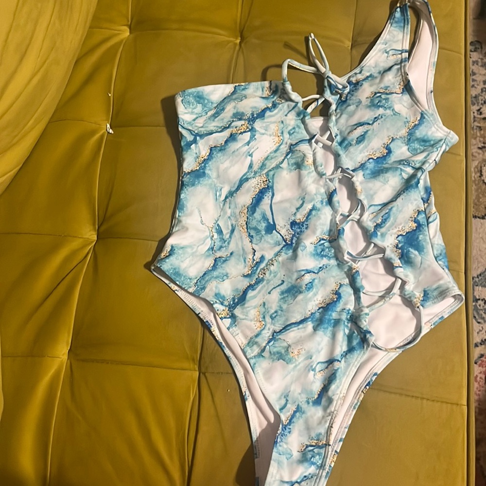 One shoulder marble print turquoise gold and white LG (about an 8) swimsuit.
